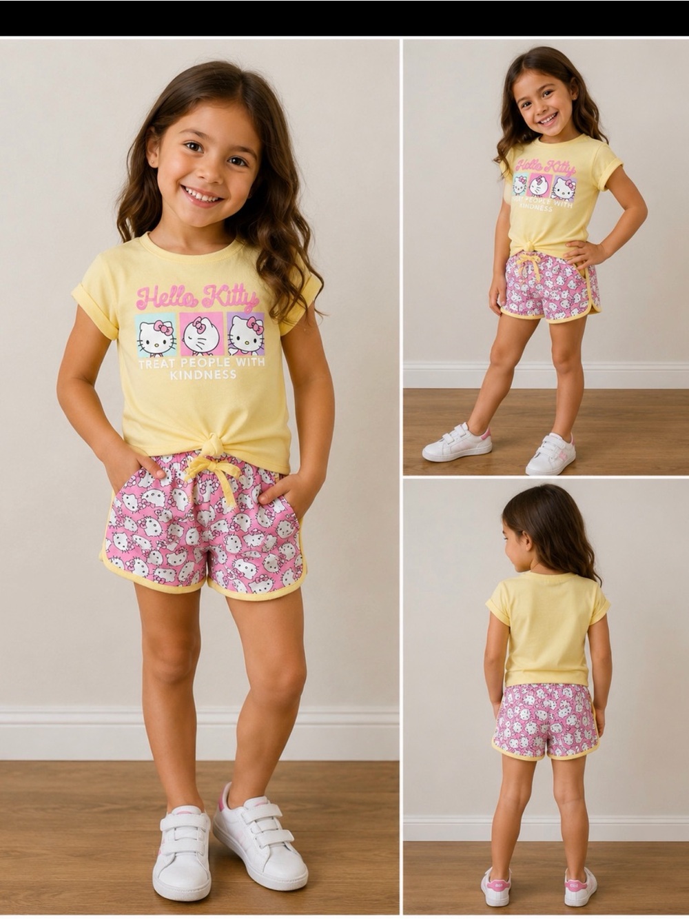 Hello Kitty Girls 2-Piece Yellow T-Shirt & Pink Shorts Outfit